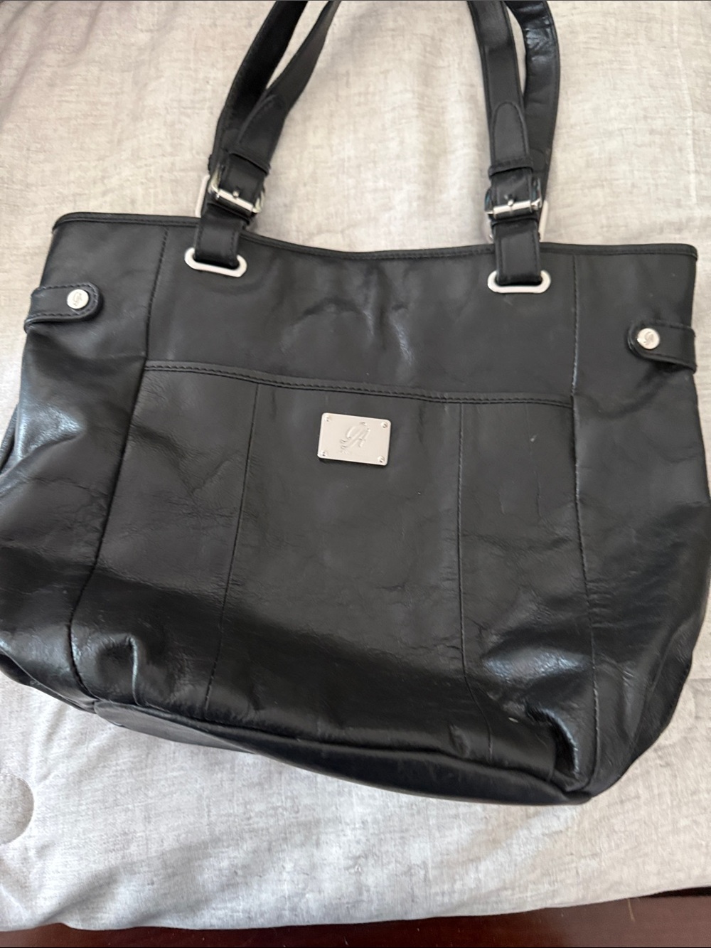 Grace Adele Black Leather Shoulder Tote with Silver Plaque